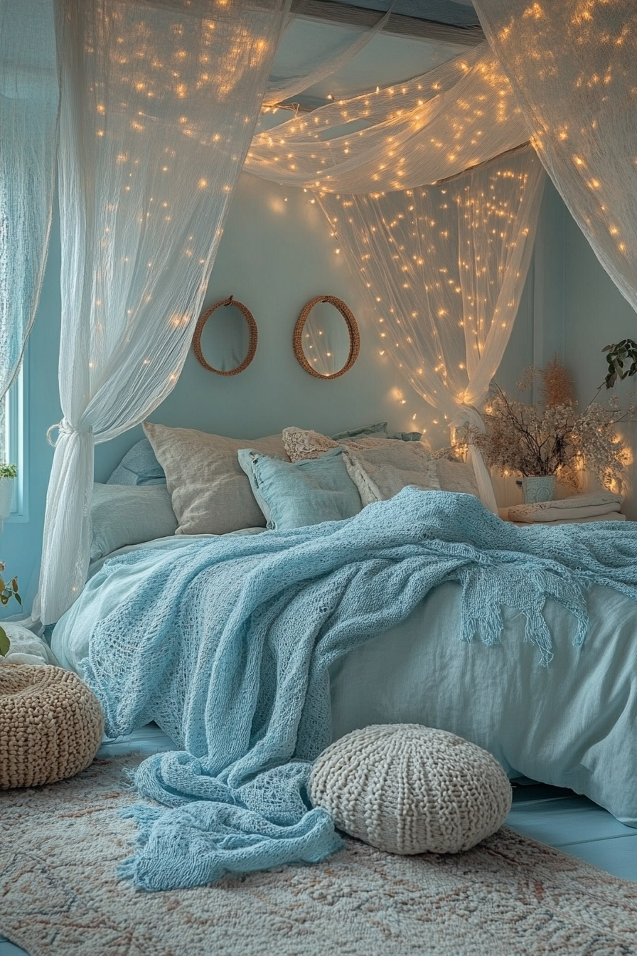 15+ Light Blue Boho Bedroom Ideas for a Chic and Airy Vibe celestial blue boho bedroom 1