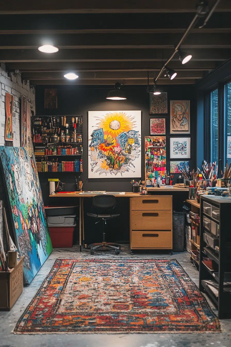 18+ Finished Basement Ideas That Elevate Storage and Style in One creative art studio space 1