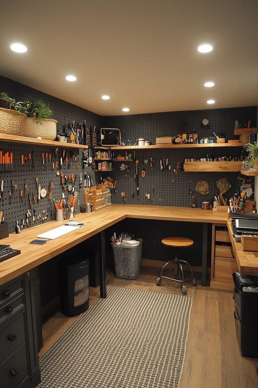18+ Finished Basement Ideas That Elevate Storage and Style in One creative crafting corner 1