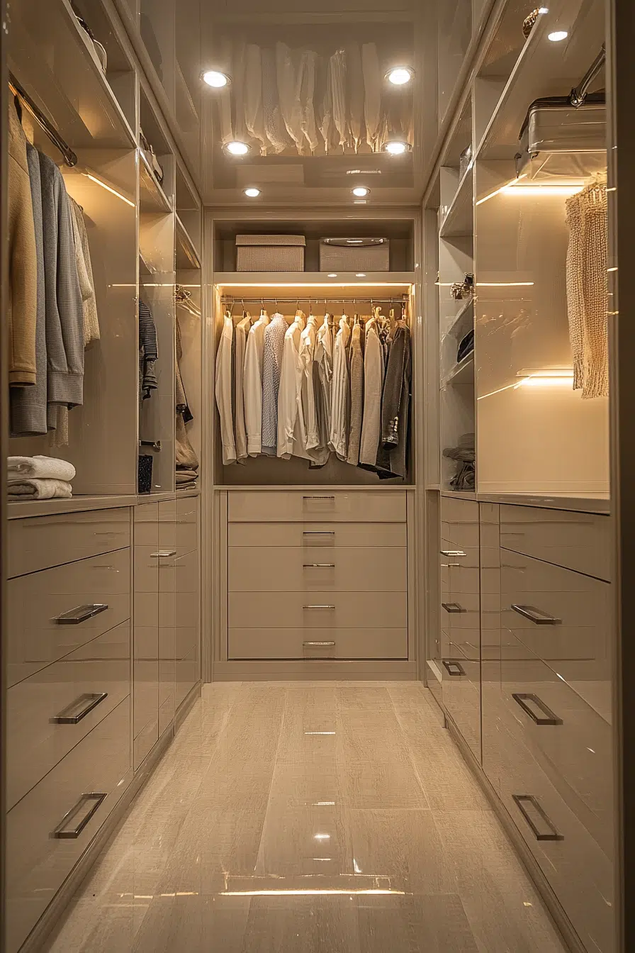 15+ Walk In Closet Ideas That Transform Clutter Into Chic Comfort glossy walk in closet chic 1