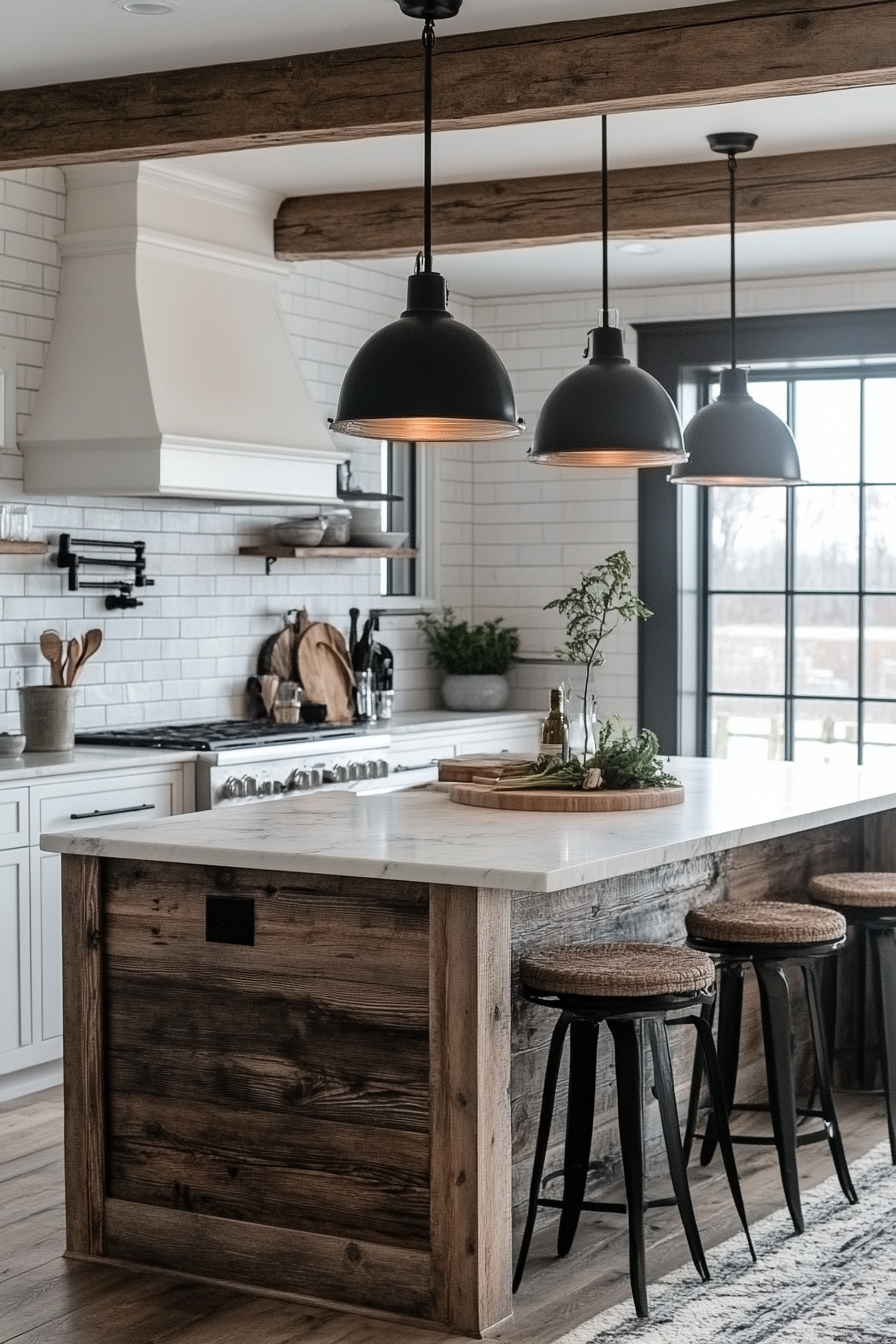 15+ Farmhouse Kitchen Decor Ideas for a Fresh and Budget-Friendly Update industrial farmhouse vibes pendant lighting 1