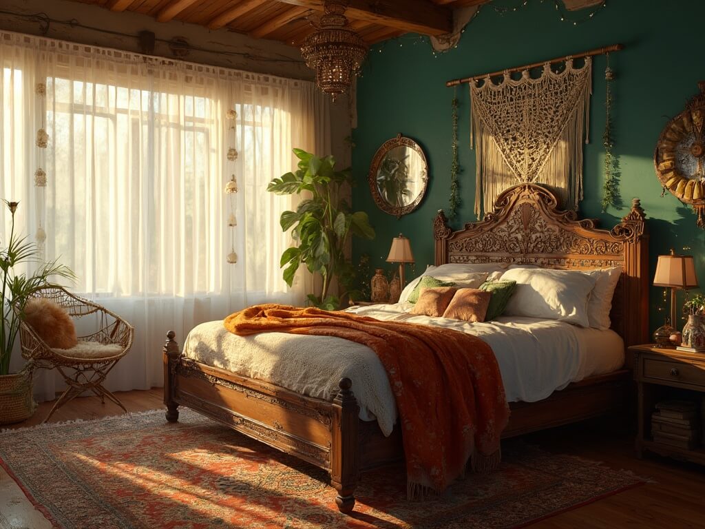 "Bohemian bedroom in golden hour sunlight featuring carved wooden bed with vintage Moroccan blankets, Persian rugs, potted plants, and eclectic decor captured in high resolution."