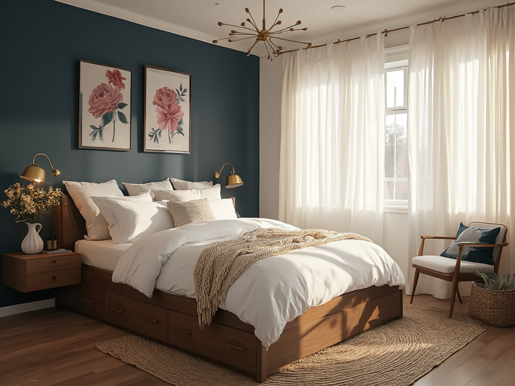 "Cozy small bedroom interior with navy blue accent wall, platform bed with white linens, floating walnut nightstands, a vintage brass chandelier, and golden hour sunlight through sheer curtains"