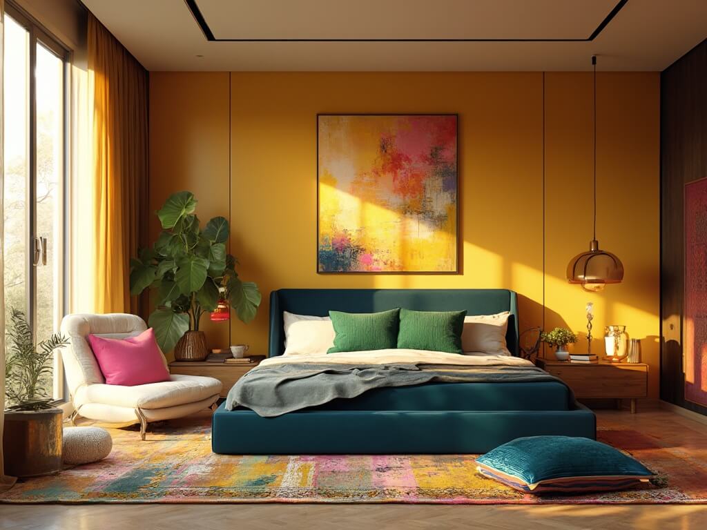 "Contemporary bedroom with golden sunlight, decorated in jewel tones, featuring a navy velvet bed, yellow accent wall, and potted indoor plants"