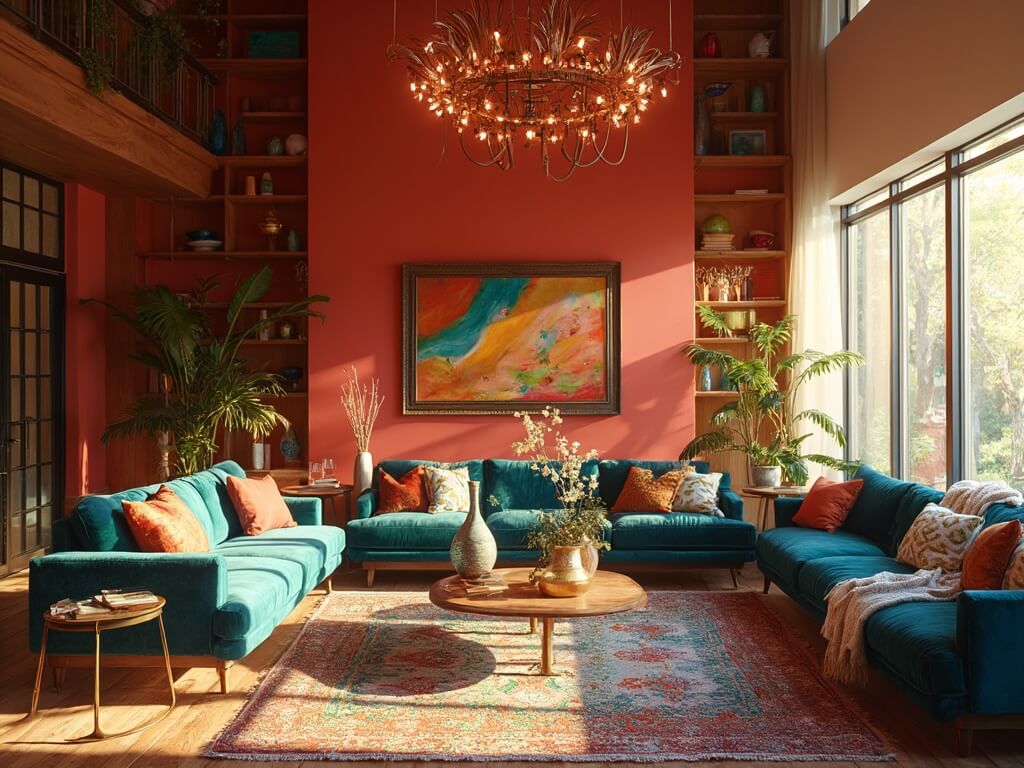 "Maximalist living room interior with coral accent wall, peacock blue velvet sofa, mid-century modern furniture, carnival glass collection, and brass accents, bathed in golden hour lighting"