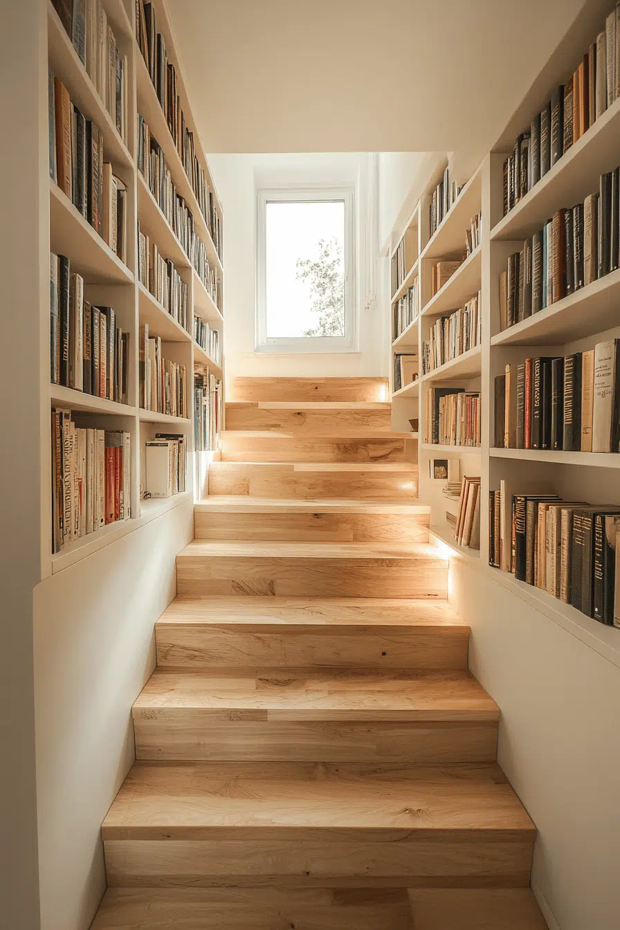 25 Bookshelf Ideas To Make Your Space Feel Organized And Chic 17 Stair Bookshelf Layered Look