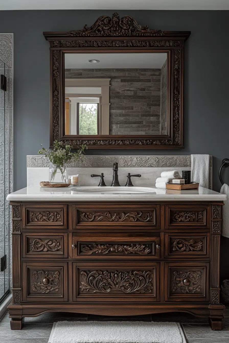 25 Antique Farmhouse Decor Ideas For A Relaxed Country Home Feel 5 Antique Vanity Bathroom Feature