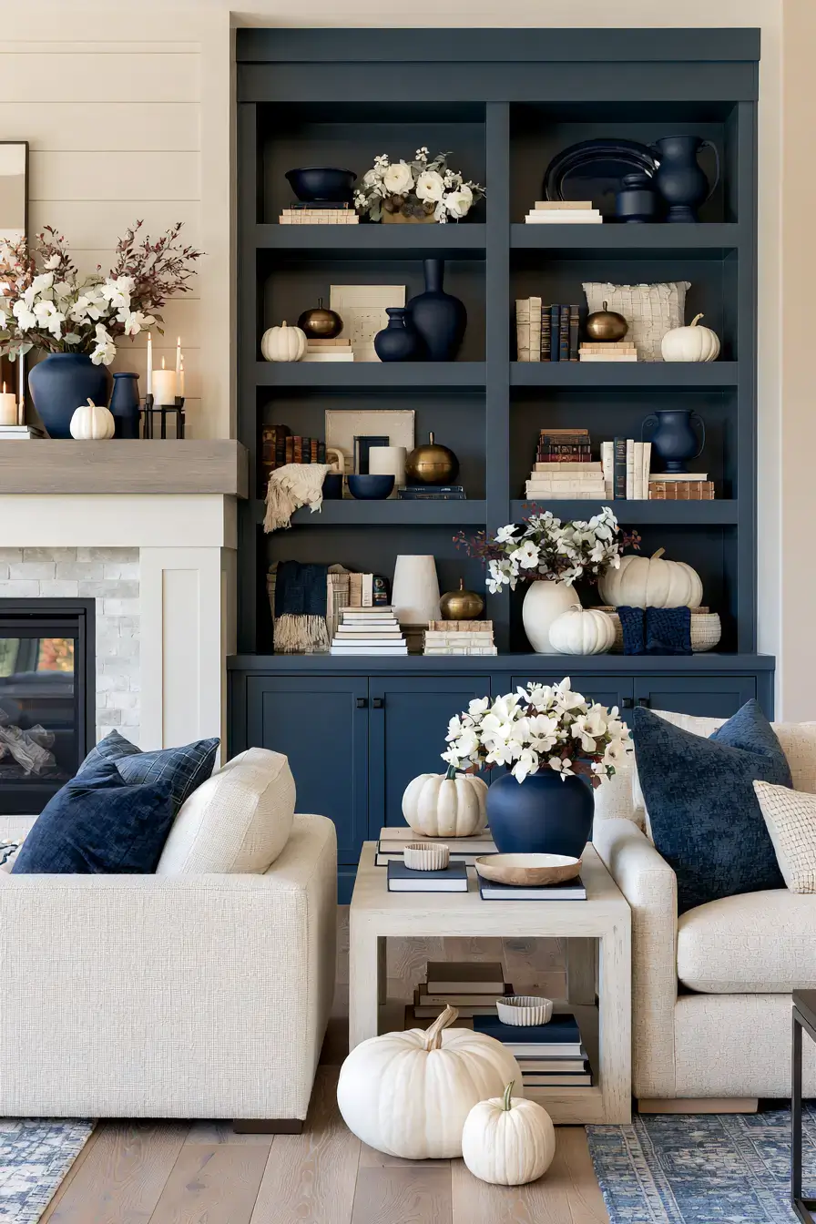 blue and white fall decor 10 Moody Navy Fall Vignette