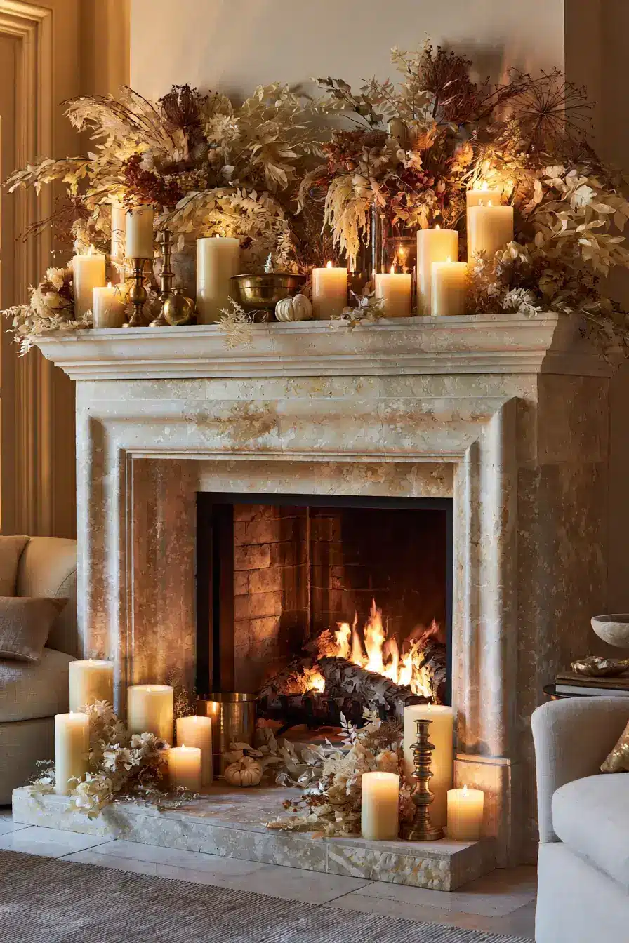 autumn fireplace decor 11 Candlelit Harvest Mantel