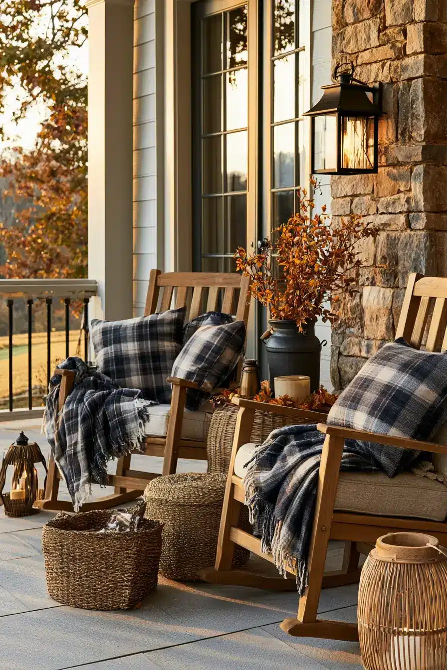 fall outdoor decor 12 Plaid Porch Seating