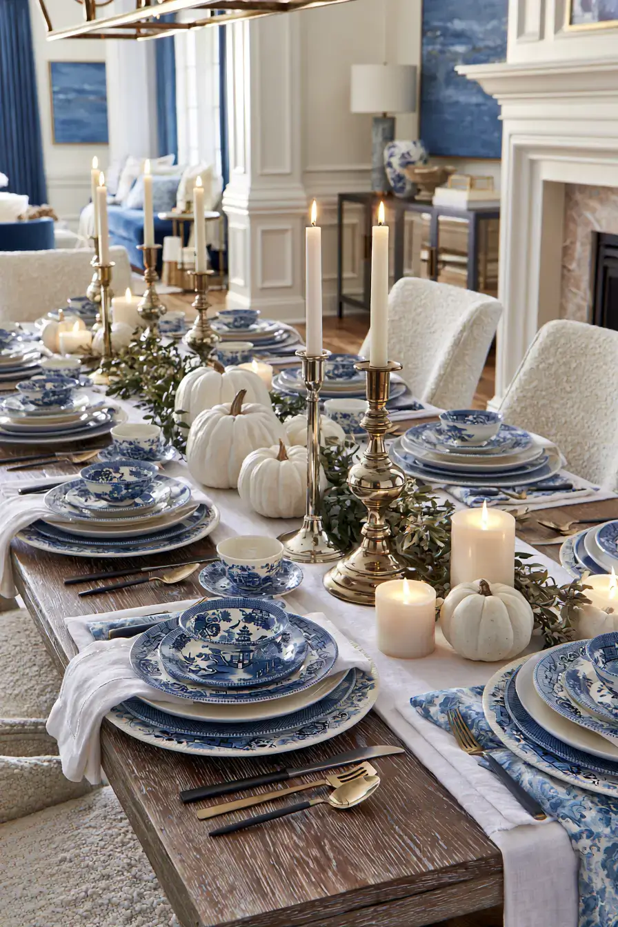 blue and white fall decor 13 Blue Willow Fall Table