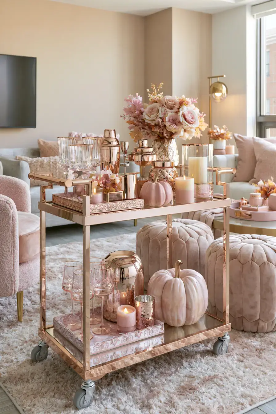 pink fall decor 14 Rose Gold Bar Cart
