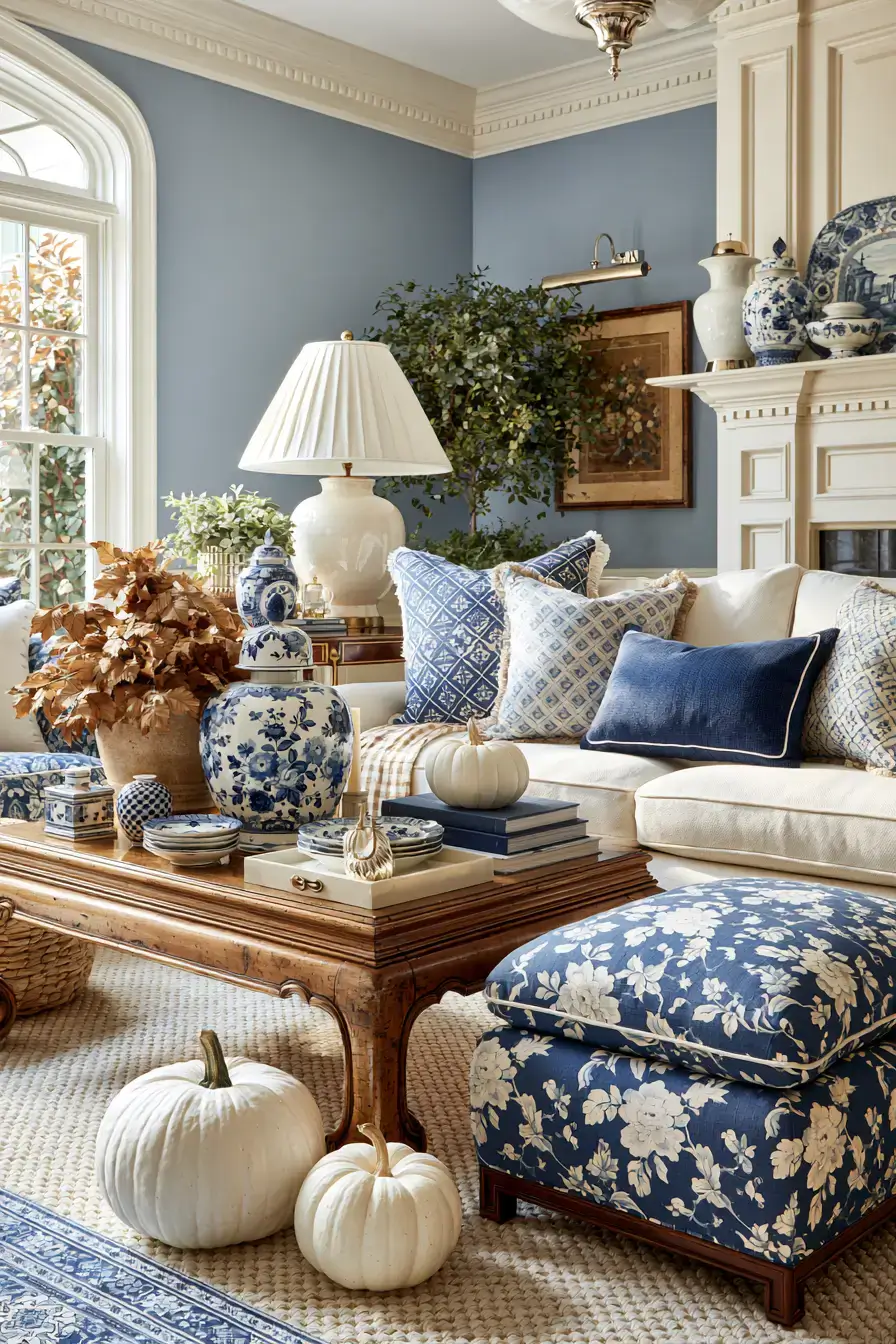 blue and white fall decor 15 Grandmillennial Autumn Details