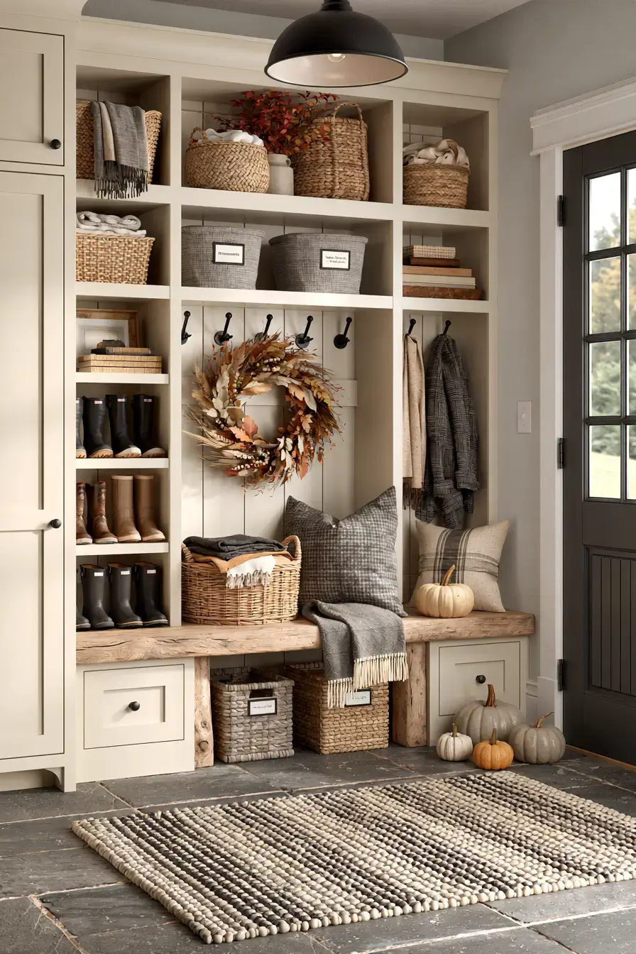 elegant fall decor 15 Neutral Harvest Mudroom