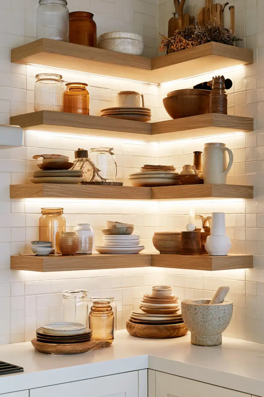 fall kitchen decor 17 Soft Amber Shelving