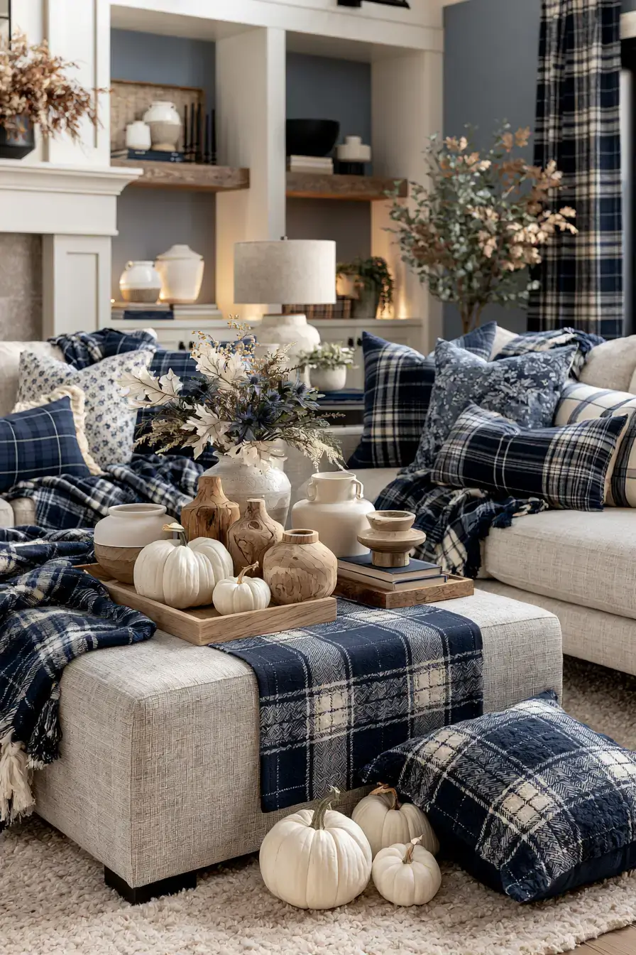 blue and white fall decor 18 Navy Plaid Seasonal Style