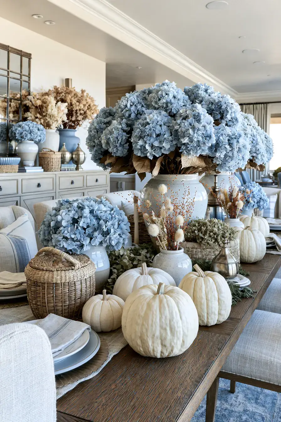 blue and white fall decor 19 Blue Hydrangea Autumn Decor