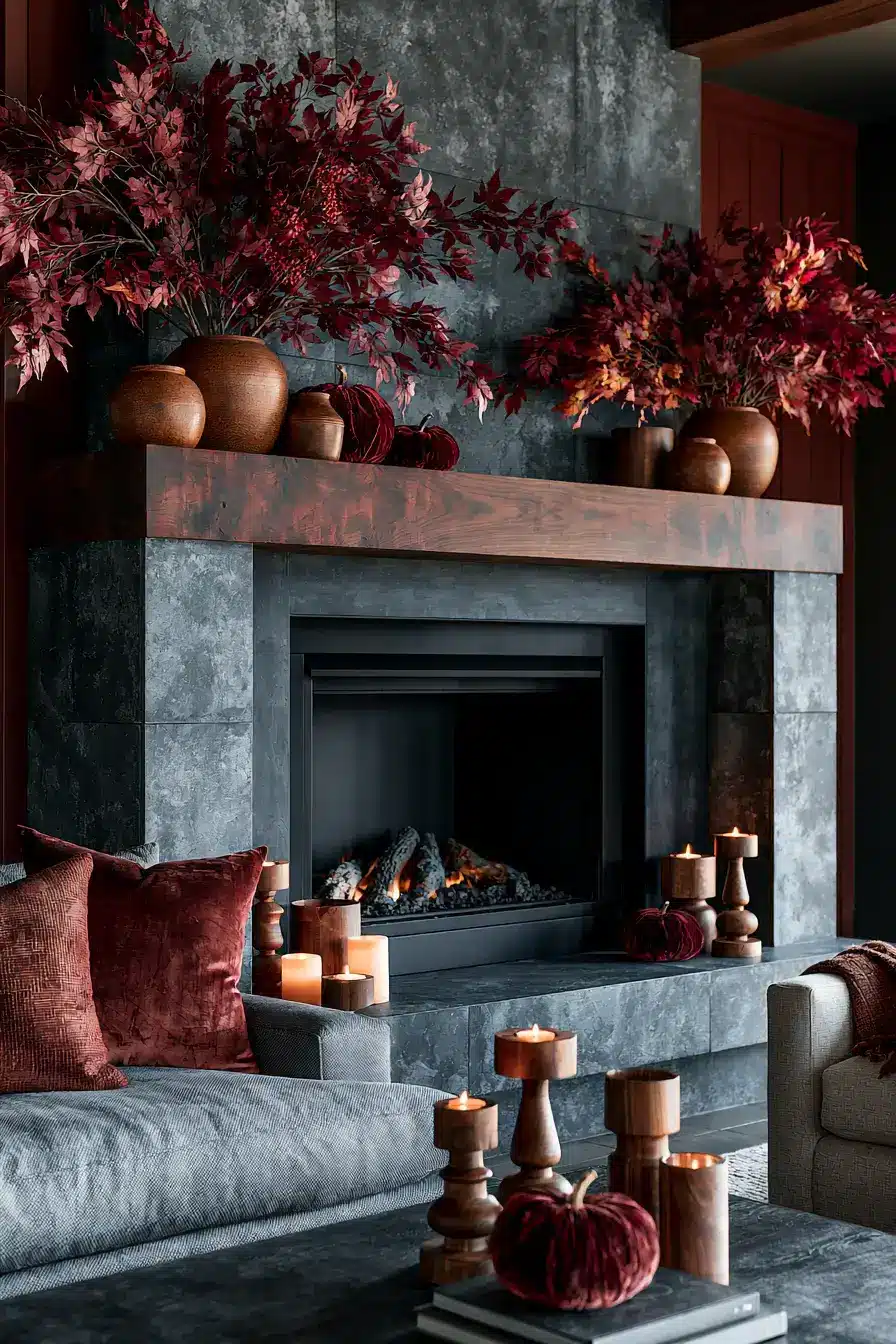 autumn fireplace decor 21 Crimson Leaf Arrangement