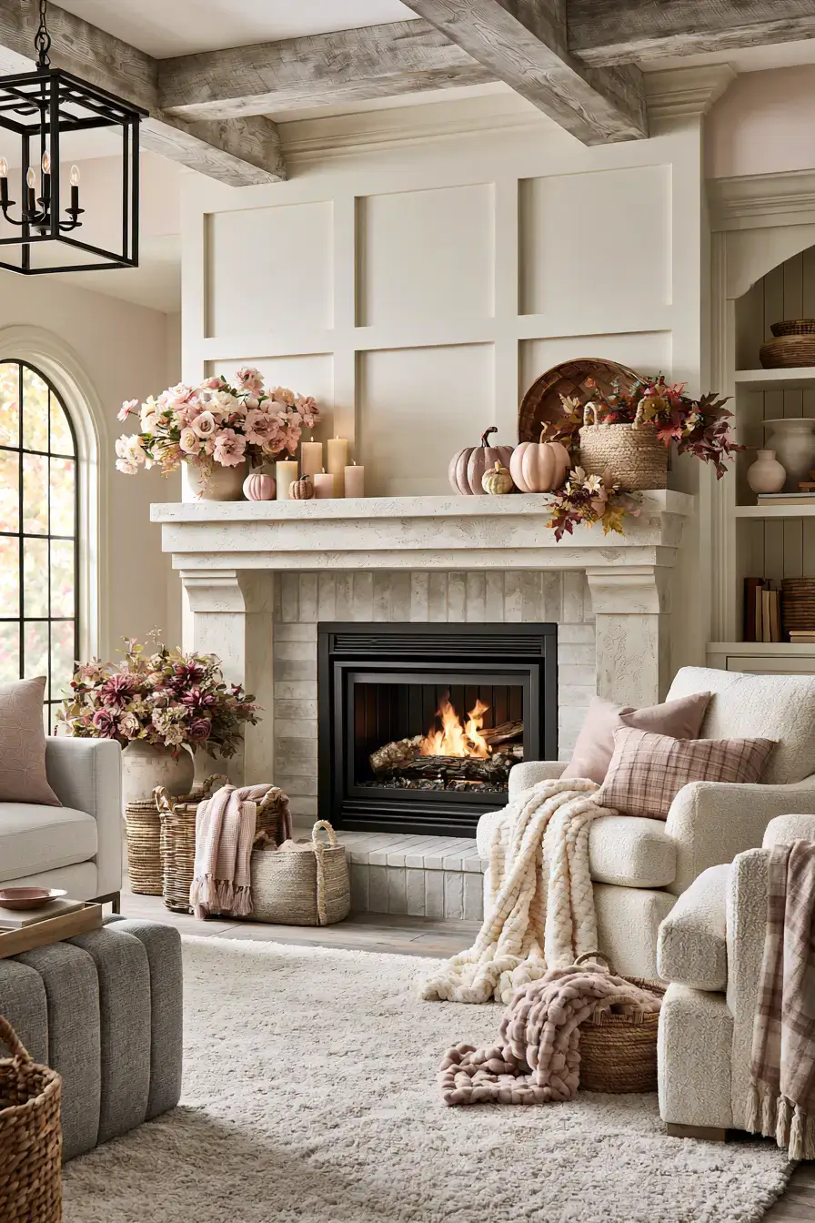 pink fall decor 21 Floral Fireplace Corner