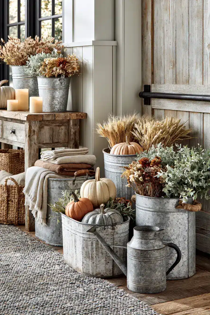 farmhouse fall decor 21 Galvanized Harvest Display