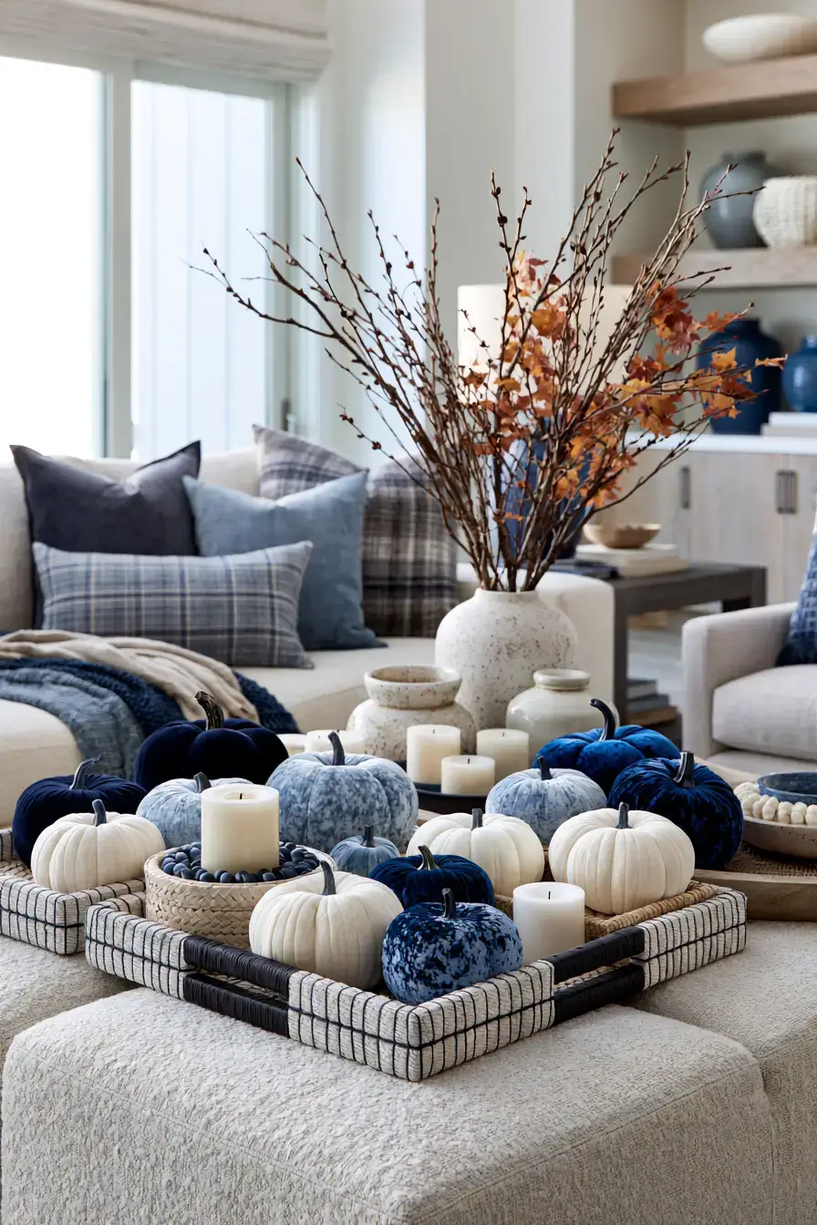 blue and white fall decor 22 Blue Velvet Pumpkin Styling