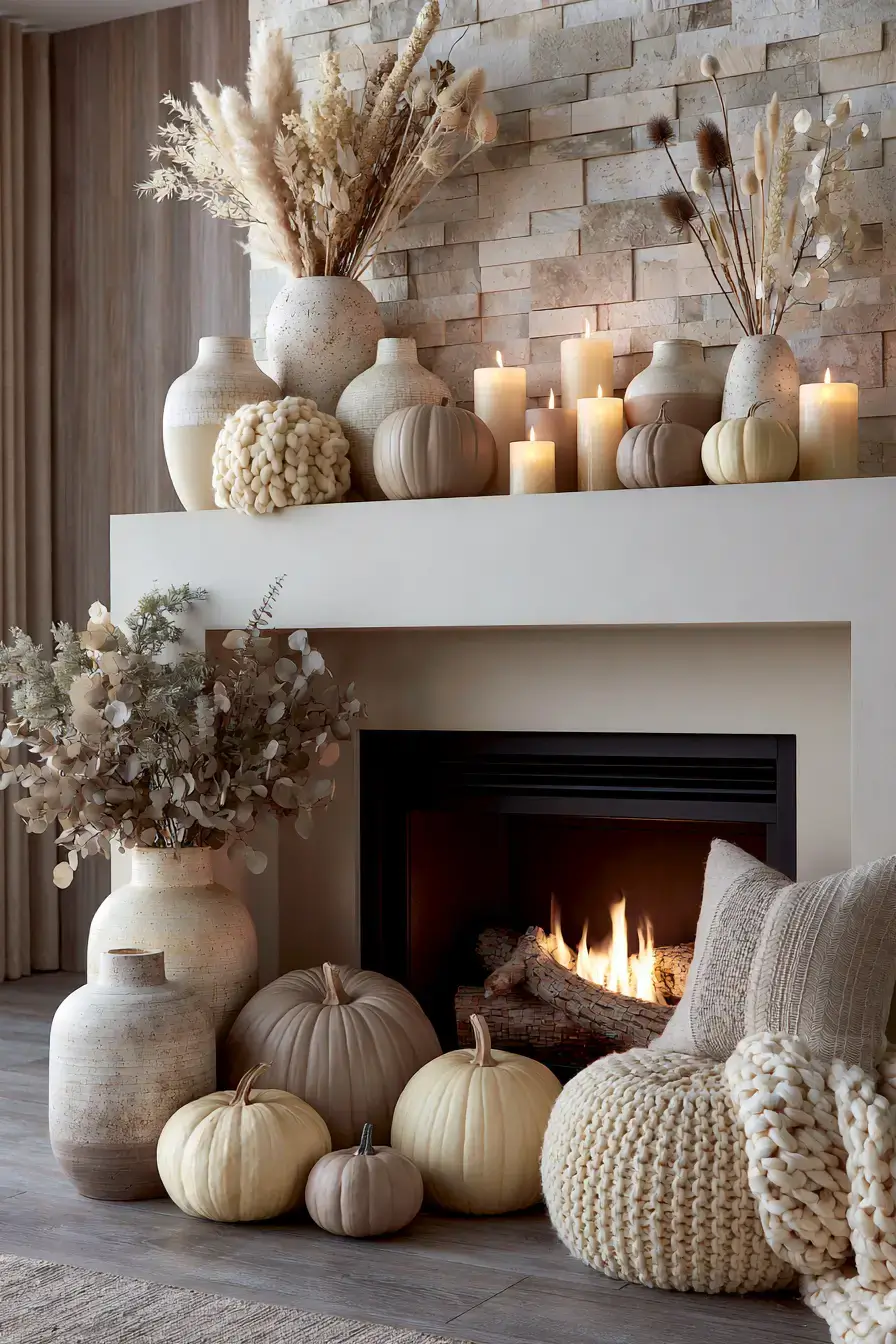 neutral fall decor 22 Cozy Textured Mantel