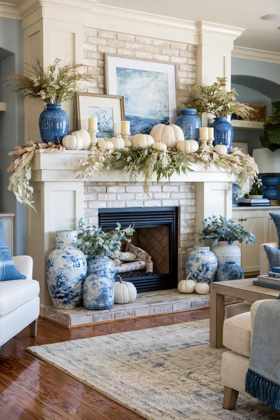 blue and white fall decor 23 Airy Autumn Mantel Decor