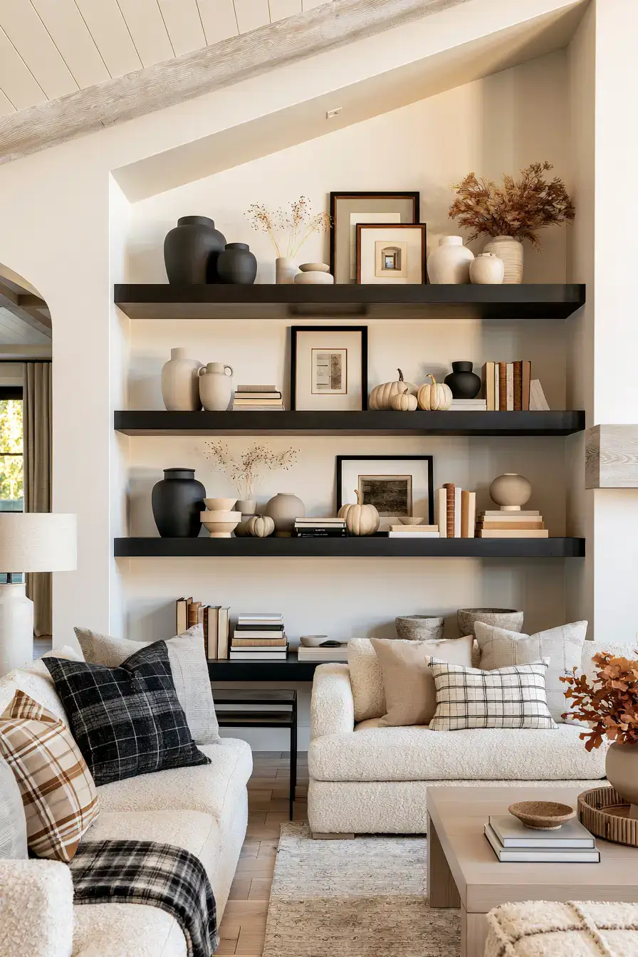 minimalist fall decor 26 Refined Harvest Shelf Styling
