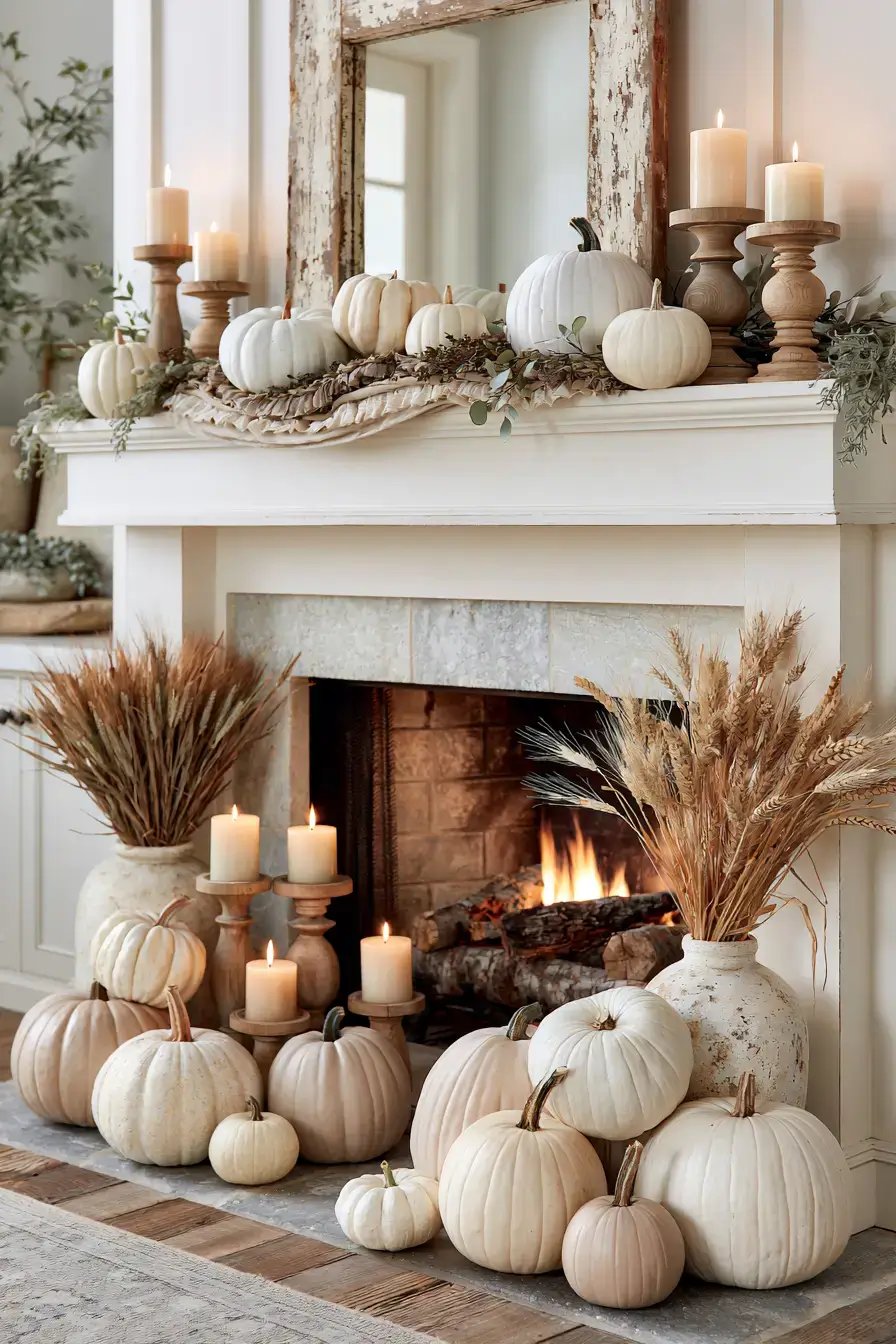 farmhouse fall decor 3 Neutral Pumpkin Mantel