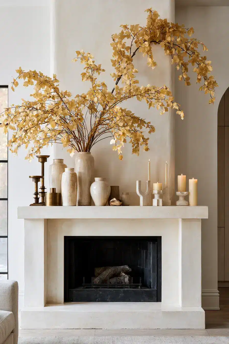 autumn fireplace decor 6 Golden Branch Mantel