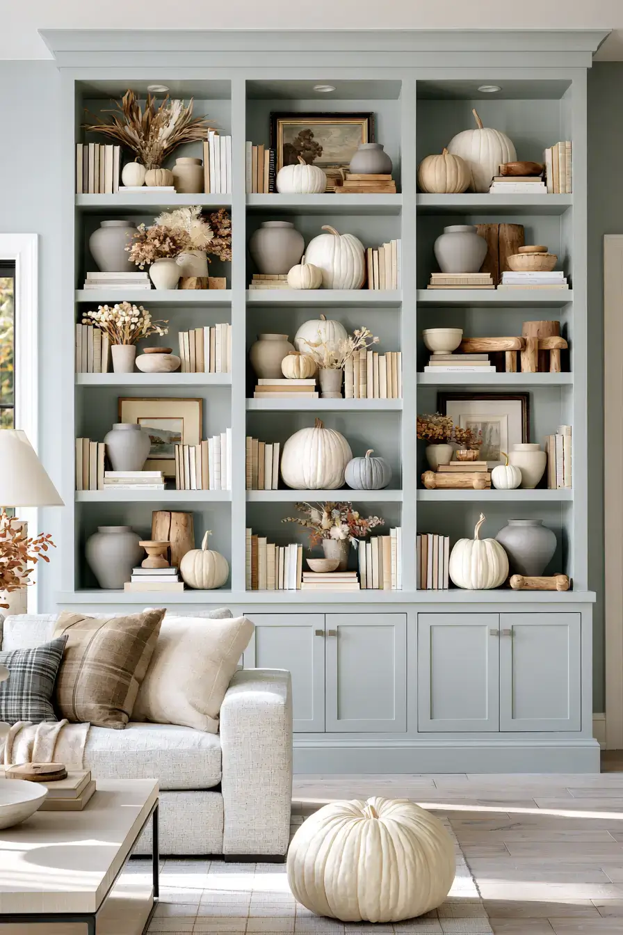 minimalist fall decor 8 Muted Pumpkin Shelf Decor