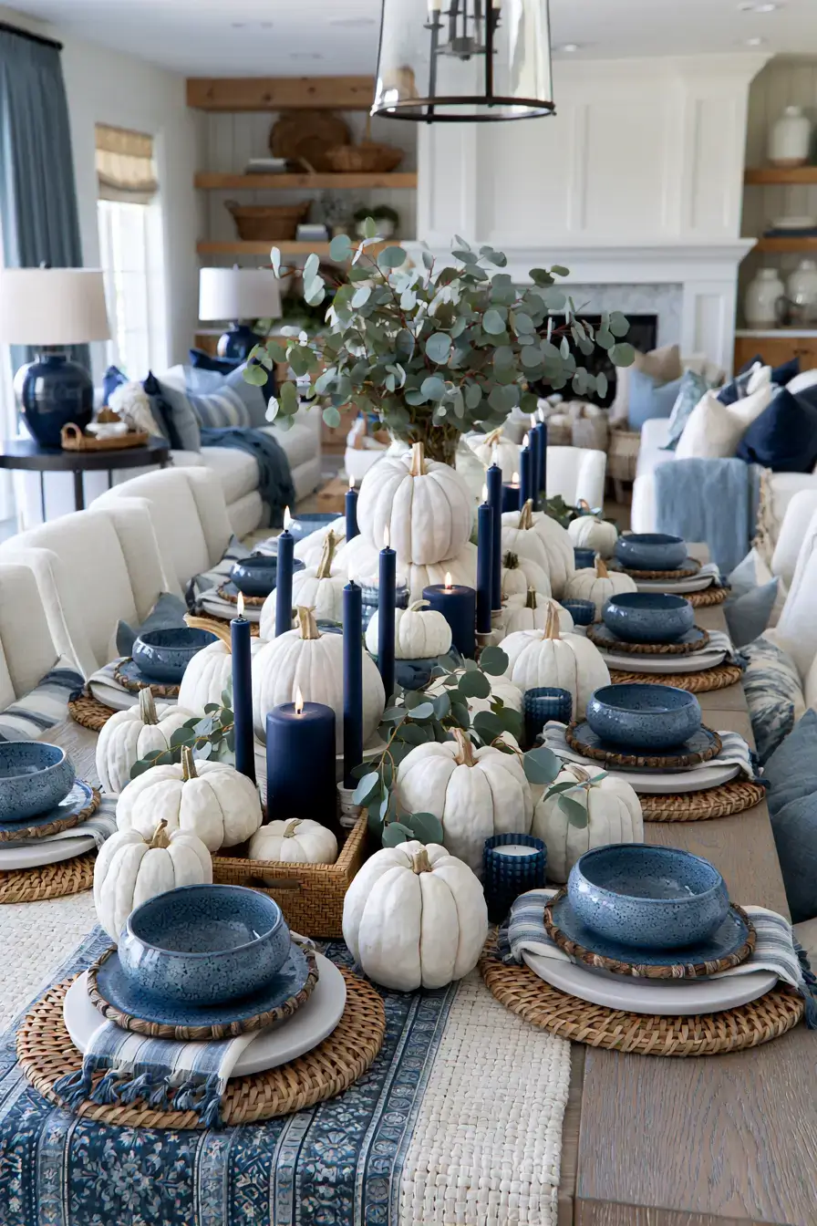 blue and white fall decor 9 Crisp White Pumpkin Display