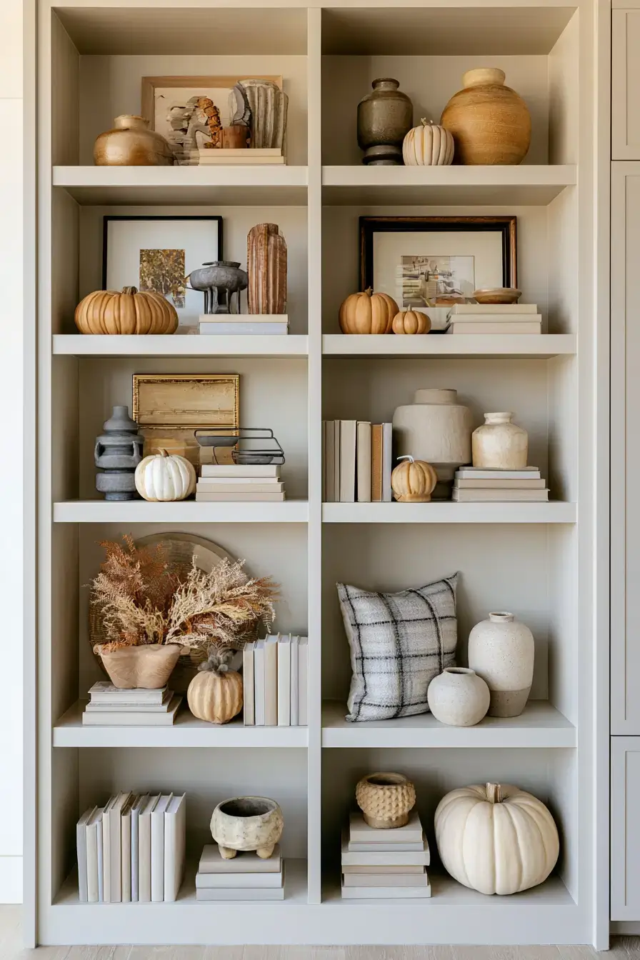 cozy fall decor 9 Minimalist Fall Shelf Styling